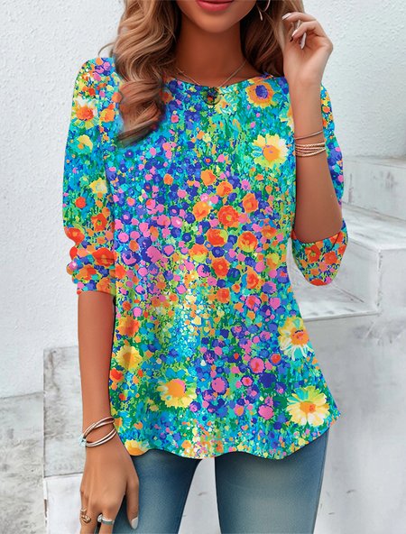 Women's Long Sleeve Tee T-shirt Spring/Fall Floral Jersey Crew Neck Daily Going Out Casual Top Blue, JustFashionNow Blouses, color:Blue|size:XXL,