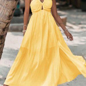 Women Plain Sleeveless Comfy Casual Maxi Dress, Maxi, color:Yellow|size:XL, catalog Noracora shop