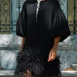 Feather-Trimmed Balloon Sleeve Loose Elegant Dress, Mini Dresses, color:Black|size:XXL, Stylewe