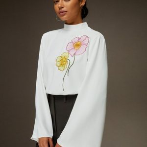 Urban Floral Embroidered Blouse, Blouses and Shirts, color:White|size:XXL, Stylewe