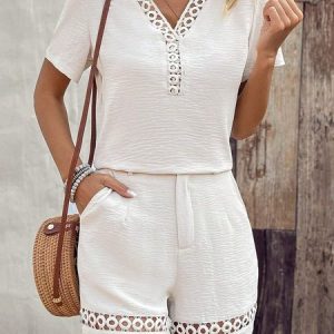 Women Plain V Neck Short Sleeve Comfy Simple Lace Edge Top With Pants Two-Piece Set, Sets, color:White|size:XXL, catalog Noracora shop