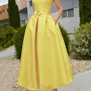 Elegant Stand Collar Sleeveless Regular Fit Plain Maxi Dress With Belt, Maxi Dresses, color:Yellow|size:XXL, Stylewe