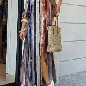 Women Striped Shirt Collar Long Sleeve Comfy Casual Maxi Dress, Dresses, color:Multicolor|size:5XL, catalog Noracora shop