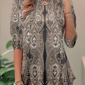 Casual Ethnic Crew Neck Long Sleeve T-shirt, T-shirts, color:Khaki|size:XXL, catalog Noracora shop