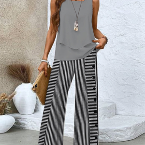 Grey Square Neck Striped Two Piece Set, Two-pieces, Lilicloth.com