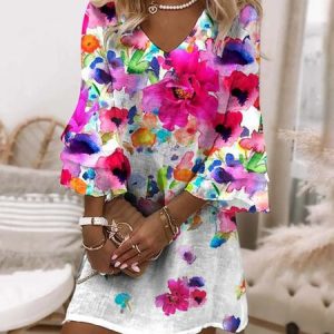 Women Floral V Neck Three Quarter Sleeve Comfy Casual Mini Dress, Dresses, color:White|size:XXL, catalog Noracora shop