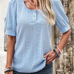 Crew Neck Short Sleeve Plain Buckle Regular Micro-Elasticity Loose Shirt For Women, Blouses, color:Blue|size:XXL, catalog Noracora shop