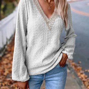 V Neck Long Sleeve Floral Lace Regular Micro-Elasticity Loose Blouse For Women, Blouses, color:White|size:XXL, catalog Noracora shop