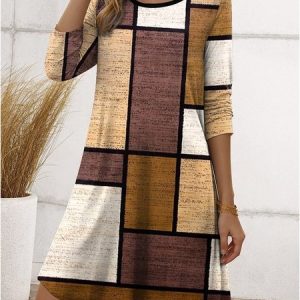 Women Geometric Crew Neck Long Sleeve Comfy Casual Buckle Midi Dress, Midi, color:Brown|size:5XL, catalog Noracora shop