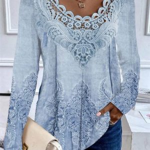 Crew Neck Long Sleeve Random Print Lace Regular Loose TUNIC Shirt For Women, Blouses, color:Blue|size:XXL, catalog Noracora shop