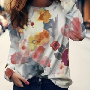 Casual Floral Crew Neck Long Sleeve T-shirt, T-shirts, color:Multicolor|size:5XL, catalog Noracora shop