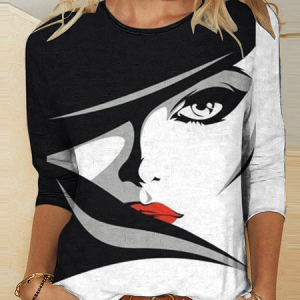 Casual Face Crew Neck Long Sleeve T-shirt, T-shirts, color:white-gray|size:XXL, catalog Noracora shop