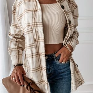 Shawl Collar Plaid Casual Woolen Jacket, JustFashionNow Jackets, color:Apricot|size:XL,