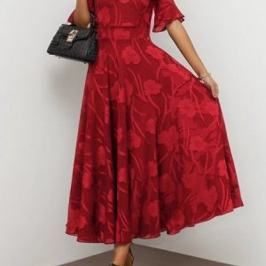 Women Plain V Neck Short Sleeve Comfy Casual Maxi Dress, Dresses, color:Red|size:XXL, catalog Noracora shop