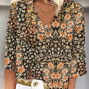 V Neck Three Quarter Sleeve Floral Regular Loose Blouse For Women, Blouses, color:Khaki|size:XXL, catalog Noracora shop