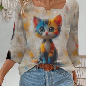 Women's Three Quarter Sleeve Tee T-shirt Spring/Fall Cat Cotton Notched Daily Going Out Casual Top, JustFashionNow T-Shirts, color:As Picture|size:XXL,