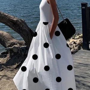 Crew Neck Regular Fit Urban Sleeveless Polka Dots Dress, Maxi Dresses, color:White|size:XXL, Stylewe