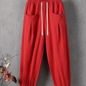 Casual Plain Ankle Pants Elastic Waist Pocket Stitching Pant, Pants, color:Red|size:3XL, catalog Noracora shop