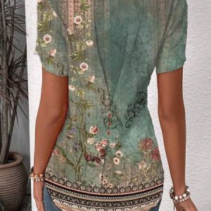 Notched Petal Sleeve Short Sleeve Ethnic Pullover Buttoned Regular Micro-Elasticity Loose Shirt For Women, Blouses, color:Green|size:XXL, catalog Noracora shop
