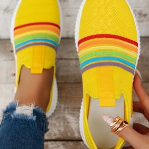 Casual Plain Slip On Flat Heel Fly Woven Shoes, Sneakers&Athletic, color:Yellow|size:43, catalog Noracora shop
