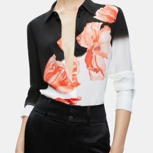 Urban Chic Floral Print Shirt, Blouses and Shirts, color:Black-white|size:XXL, Stylewe