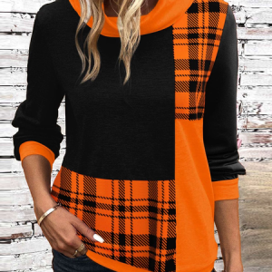 Casual Turtleneck Plaid Sweatshirt Zipper, Hoodies & Sweatshirts, color:Orange Red|size:XXL, catalog Noracora shop