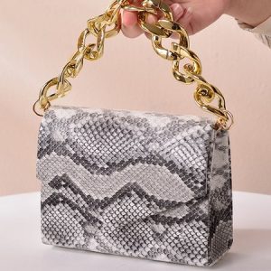 Fashion Snakeskin Square Metal Chain Handbag, Bags, color:Black-white|size:One-size, Stylewe
