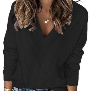 V Neck Three Quarter Sleeve Plain Regular Regular Fit Blouse For Women, Blouses, color:Black|size:XXL, catalog Noracora shop