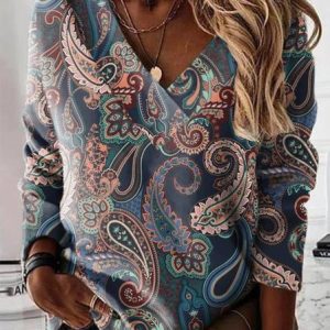 Casual V Neck Ethnic Sweatshirt Zipper, Hoodies & Sweatshirts, color:Deep Blue|size:4XL, catalog Noracora shop