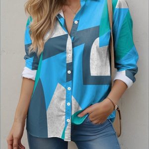 Shirt Collar Short Sleeve Geometric Embroidery Regular Loose Shirt For Women, Shirts, color:Blue|size:5XL, catalog Noracora shop
