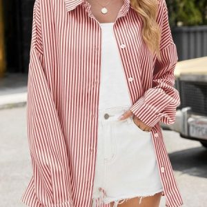 Shirt Collar Long Sleeve Striped Regular Loose Shirt For Women, Shirts, color:Red|size:XXL, catalog Noracora shop