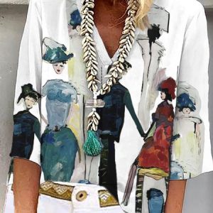 V Neck Three Quarter Sleeve Painting Regular Loose Blouse For Women, Blouses, color:White|size:XXL, catalog Noracora shop