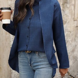 Shirt Collar Long Sleeve Plain Regular Loose Shirt For Women, Shirts, color:Royal Blue|size:XXL, catalog Noracora shop