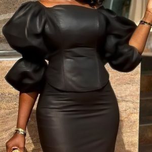 Urban Faux Leather Gathered Puff Sleeve Top, Blouses and Shirts, color:Black|size:XXL, Stylewe