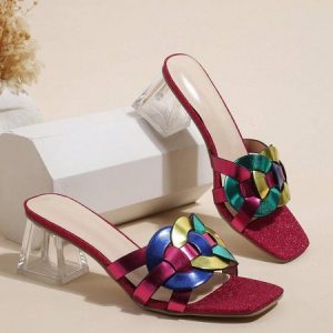 Glamorous Color-block Braided Crystal Chunky Heeled Mule Sandals, Slippers, color:Red|size:42, Stylewe