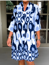 Women Geometric Stand Collar Three Quarter Sleeve Comfy Casual Midi Dress, Dresses, color:Blue|size:3XL, catalog Noracora shop