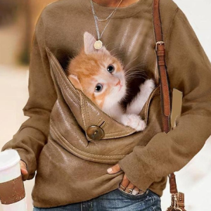 Casual Crew Neck Cat Sweatshirt, Hoodies & Sweatshirts, color:Khaki|size:5XL, catalog Noracora shop