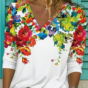 V Neck Long Sleeve Floral Pattern Pullover Regular Micro-Elasticity Fit Shirt For Women 2023, Blouses, color:White|size:3XL, catalog Noracora shop