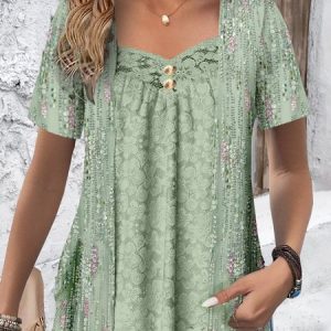 Women's Short Sleeve Blouse Summer Ditsy Floral Lace Jersey Daily Going Out Casual Top, JustFashionNow Shirts, color:Green|size:XXL,