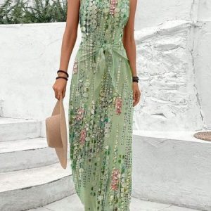 Women Sleeveless V Neck Loose Long Daily Casual Random Print High Waist Jumpsuit, Jumpsuits&Rompers, color:Green|size:XXL, catalog Noracora shop