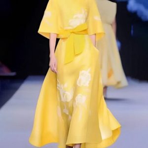 Loose Raglan Sleeves Cross Neck Elegant Printing Half Sleeve Midi Dress With Belt, Midi Dresses, color:Yellow|size:XXL, Stylewe