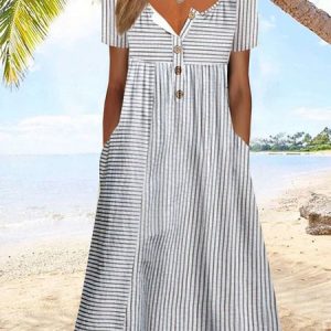 Women's Vacation Dress Casual Buckle Jersey Vacation Striped Printed Midi Dress, Midi, color:Khaki|size:XS, catalog Noracora shop