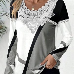 V Neck Long Sleeve Geometric Lace Regular Micro-Elasticity Loose Blouse For Women, Blouses, color:Gray|size:3XL, catalog Noracora shop