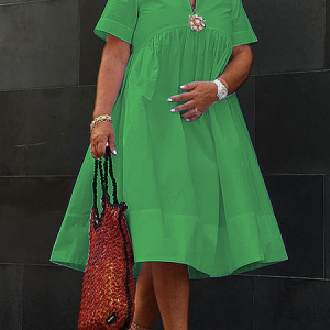 Vacation Floral Brooch Loose Plain Midi Dress, Midi Dresses, color:Green|size:XXL, Stylewe