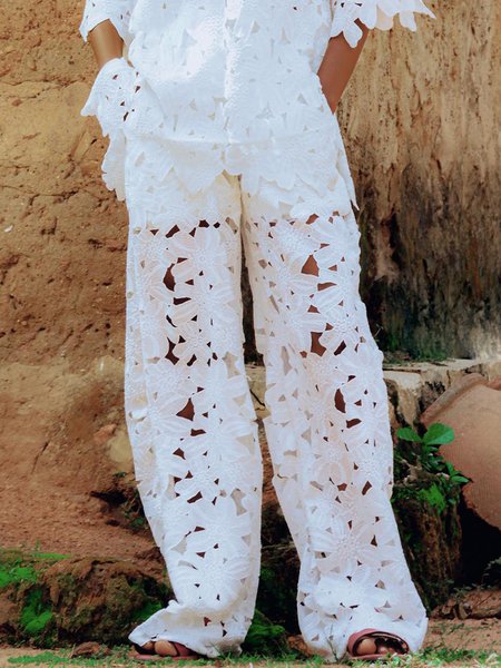 Plain Loose Vacation Wide leg Pants, Pants, color:White|size:XXL, Stylewe