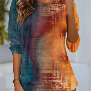 Casual Ombre Crew Neck Long Sleeve T-shirt, Blouses, color:Orange Red|size:XXL, catalog Noracora shop