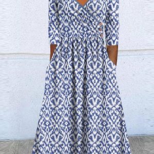 Women Ethnic V Neck Long Sleeve Comfy Casual Maxi Dress, Dresses, color:Blue|size:3XL, catalog Noracora shop