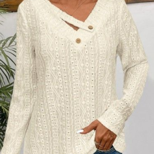 Cross Neck Long Sleeve Plain Lace Regular Regular Fit Blouse For Women, Blouses, color:Apricot|size:4XL, catalog Noracora shop