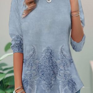 Casual Floral Crew Neck Long Sleeve T-shirt, Blouses, color:Blue|size:XXL, catalog Noracora shop