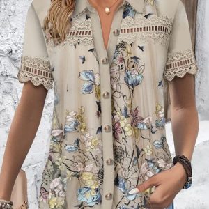 Shirt Collar Short Sleeve Floral Regular Loose Blouse For Women, Shirts, color:Khaki|size:XXL, catalog Noracora shop